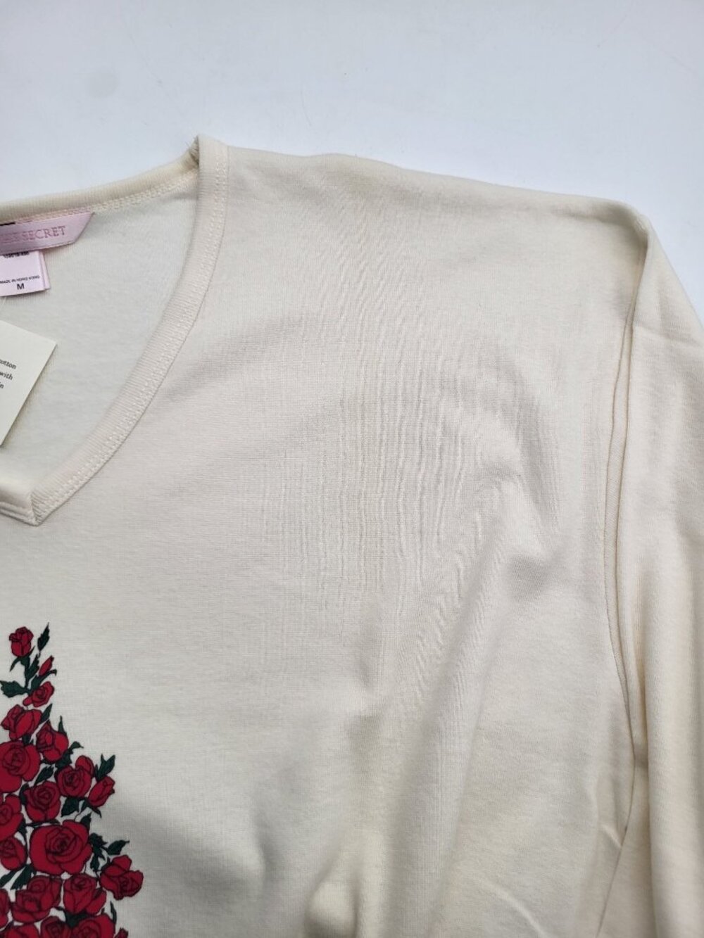 Victoria's Secret SZ M y2k vintage cream Long Sleeve V-Neck Nightshirt Rose Tree - Picture 9 of 9
